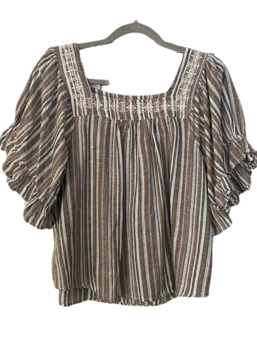 Studio West Brown Multi-Stripe Square Neck Peasant Blouse Linen and Cotton Blend